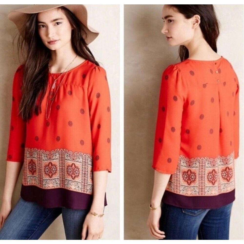 Womens Maeve Anthropologie Rila Floral Border Boho 3/4 Sleeve Blouse Top -  Sz 2